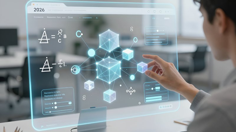 Учитель организует голографические математические элементы, демонстрируя методику наполнения сайта учителя математики 2026